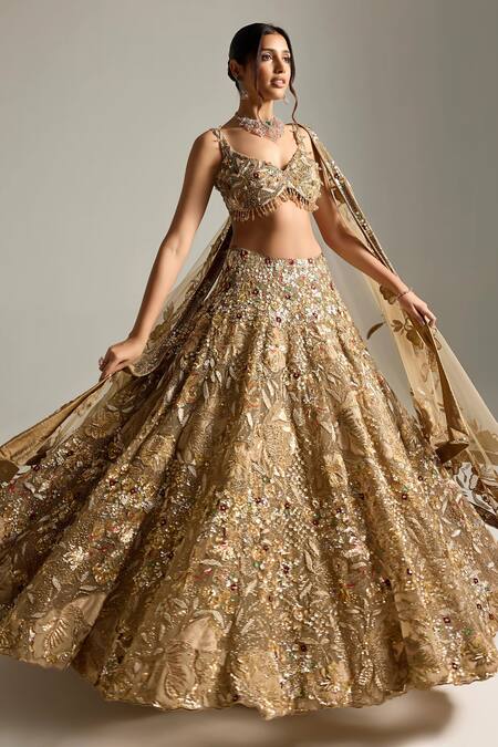 Opus Atelier_Gold Net, Tulle Embroidery, Sequins, Zari, Stones, Vivanna Bridal Lehenga Set _at_Aza_Fashions