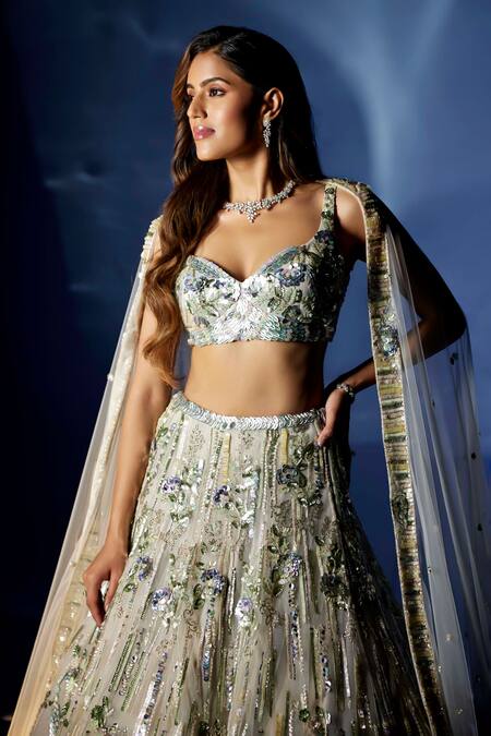 Opus Atelier_Green Net, Tulle Sequins, Embroidery, Metallic Thread Light Olive Lehenga Set _Online_at_Aza_Fashions