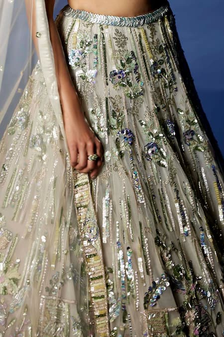 Shop_Opus Atelier_Green Net, Tulle Sequins, Embroidery, Metallic Thread Light Olive Lehenga Set _Online_at_Aza_Fashions