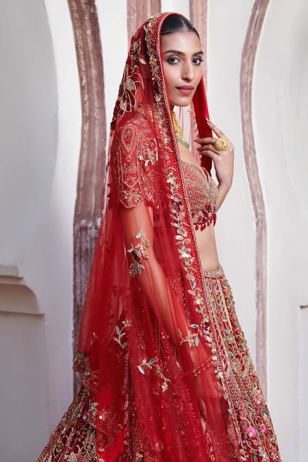Opus Atelier_Red Tulle, Net, Satin Embroidery, Sequins, Beads, Sederah Bridal Lehenga Set _Online_at_Aza_Fashions