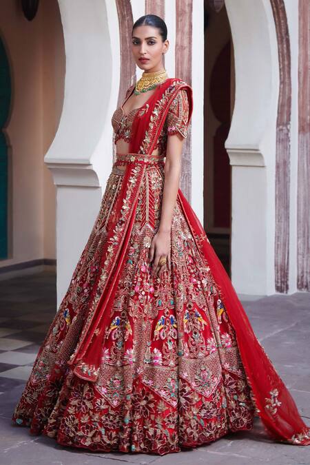Buy_Opus Atelier_Red Tulle, Net, Satin Embroidery, Sequins, Beads, Sederah Bridal Lehenga Set _Online_at_Aza_Fashions