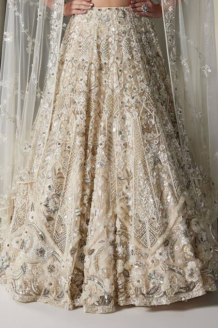Opus Atelier_Ivory Tulle, Net Embroidery, Sequins, Beads, Tassels Light Valerie Lehenga Set _Online_at_Aza_Fashions
