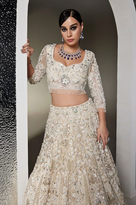 Shop_Opus Atelier_Ivory Tulle, Net Embroidery, Sequins, Beads, Tassels Light Valerie Lehenga Set _Online_at_Aza_Fashions