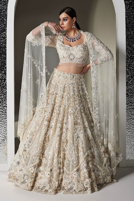 Opus Atelier_Ivory Tulle, Net Embroidery, Sequins, Beads, Tassels Light Valerie Lehenga Set _at_Aza_Fashions