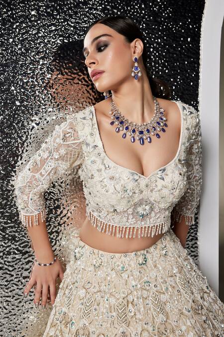 Buy_Opus Atelier_Ivory Tulle, Net Embroidery, Sequins, Beads, Tassels Light Valerie Lehenga Set 
