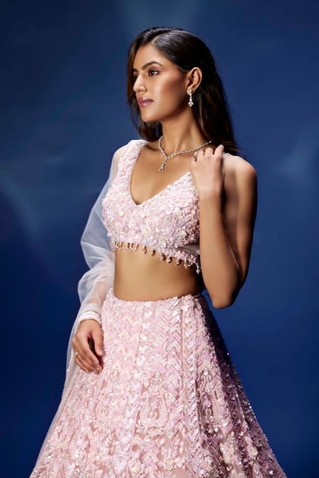 Opus Atelier_Pink Tulle, Net, Satin Embroidery, Sequins, Beads V-neck Lehenga Set _Online_at_Aza_Fashions