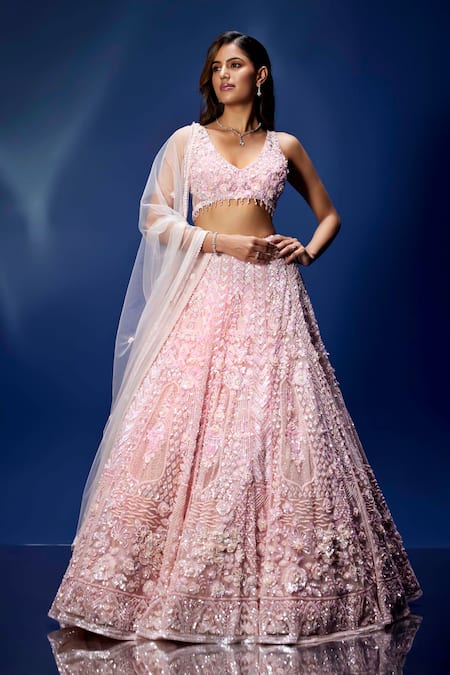 Opus Atelier Pink Tulle, Net, Satin Embroidery, Sequins, Beads V-neck Lehenga Set