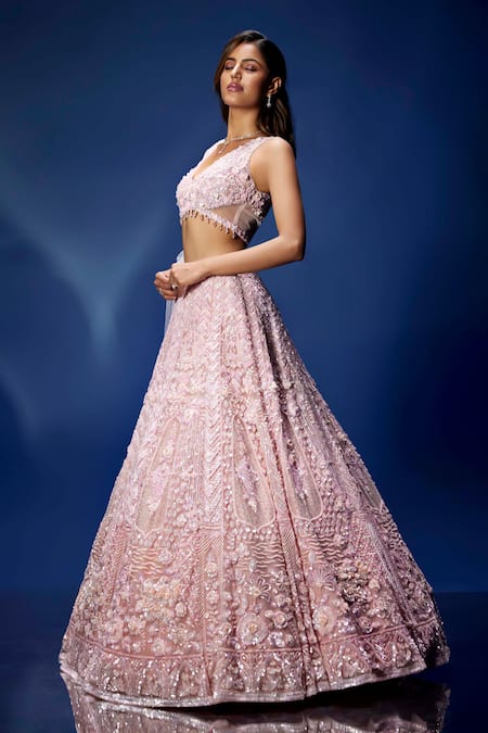 Buy_Opus Atelier_Pink Tulle, Net, Satin Embroidery, Sequins, Beads V-neck Lehenga Set _Online_at_Aza_Fashions
