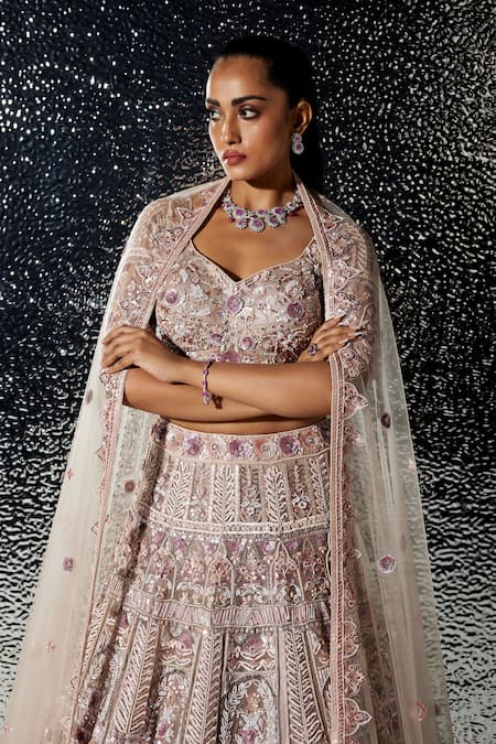 Opus Atelier_Purple Tulle, Net Embroidery, Sequins, Stones Lilac Verena Lehenga Set _at_Aza_Fashions