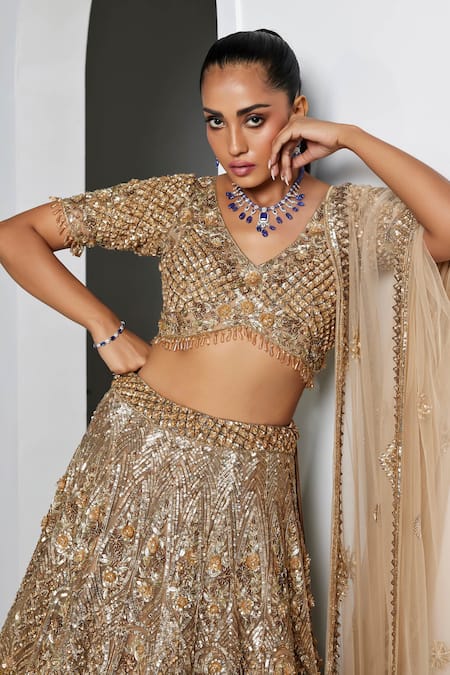 Buy_Opus Atelier_Gold Net, Satin, Tulle Embroidery, Sequins, Beads V-neck Ciara Lehenga Set _Online_at_Aza_Fashions