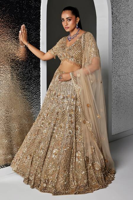 Shop_Opus Atelier_Gold Net, Satin, Tulle Embroidery, Sequins, Beads V-neck Ciara Lehenga Set _Online_at_Aza_Fashions