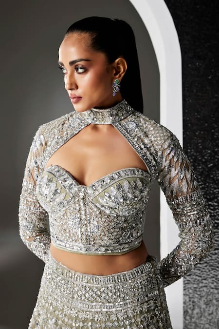 Opus Atelier_Silver Tulle, Net, Satin Sequins, Beads, Metallic Grey And Iris Lehenga Set _Online_at_Aza_Fashions