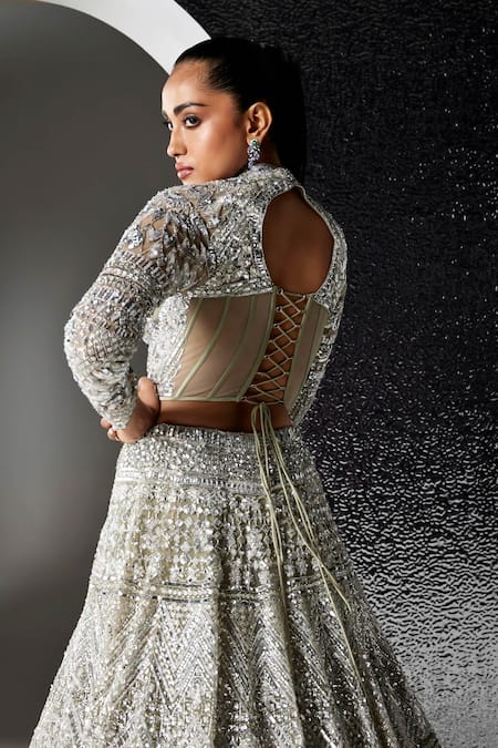 Buy_Opus Atelier_Silver Tulle, Net, Satin Sequins, Beads, Metallic Grey And Iris Lehenga Set _Online_at_Aza_Fashions