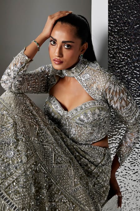 Shop_Opus Atelier_Silver Tulle, Net, Satin Sequins, Beads, Metallic Grey And Iris Lehenga Set _Online_at_Aza_Fashions