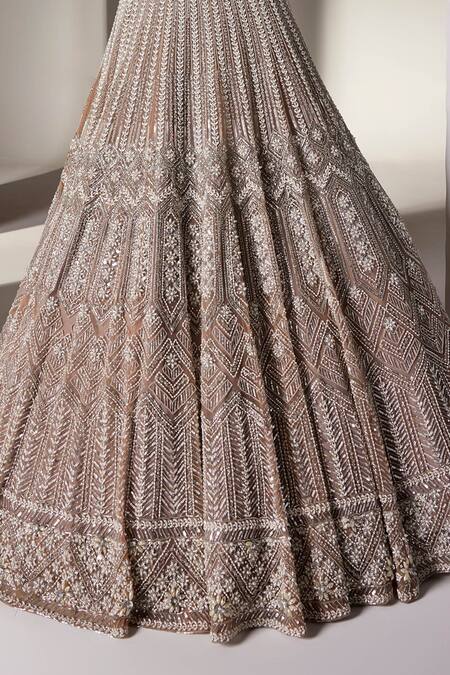 Buy_Opus Atelier_Ivory Net, Tulle Beads, Sequins, Embroidery V-neck Mouse Charlotte Lehenga Set _Online_at_Aza_Fashions