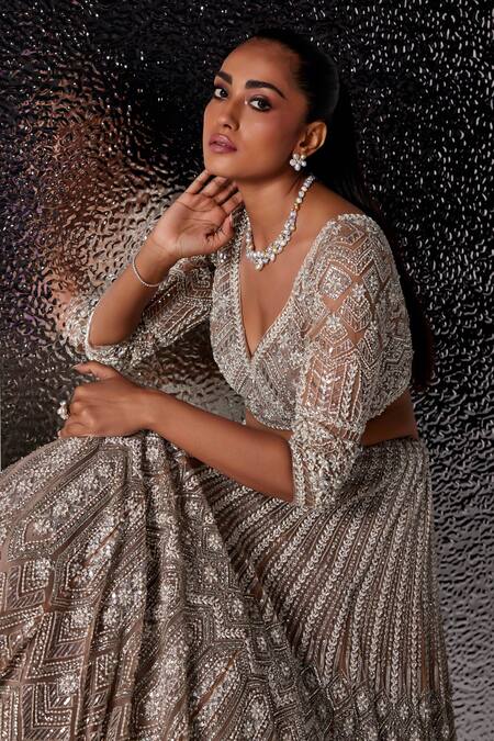 Shop_Opus Atelier_Ivory Net, Tulle Beads, Sequins, Embroidery V-neck Mouse Charlotte Lehenga Set _Online_at_Aza_Fashions