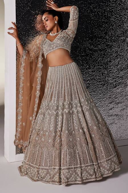 Opus Atelier_Ivory Net, Tulle Beads, Sequins, Embroidery V-neck Mouse Charlotte Lehenga Set _at_Aza_Fashions
