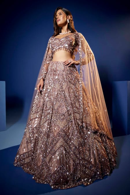 Opus Atelier_Beige Net, Satin, Tulle, Silk Sequins, Embroidery, Zari, Metallic Lehenga Set _Online_at_Aza_Fashions