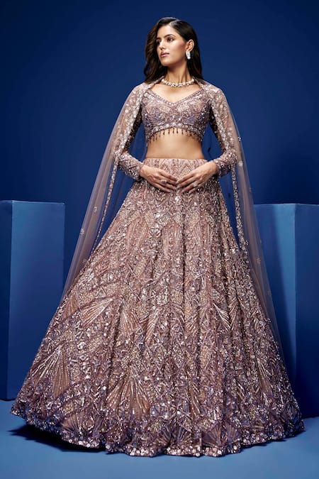 Opus Atelier Beige Net, Satin, Tulle, Silk Sequins, Embroidery, Zari, Metallic Lehenga Set 