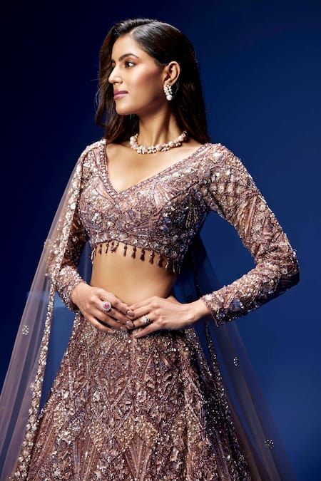 Buy_Opus Atelier_Beige Net, Satin, Tulle, Silk Sequins, Embroidery, Zari, Metallic Lehenga Set _Online_at_Aza_Fashions