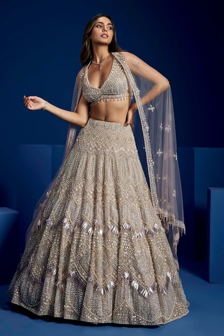 Opus Atelier Silver And Mauve Embroidered Lehenga Set 