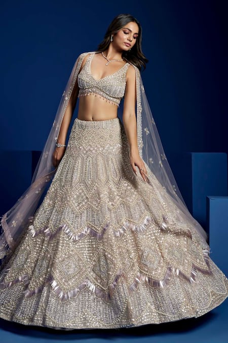 Opus Atelier Silver Net, Satin, Tulle Sequins, Beads, Embroidery, And Mauve Lehenga Set