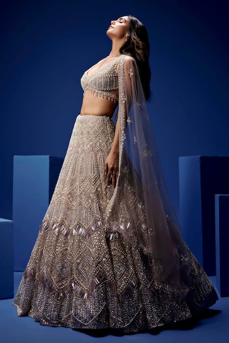 Buy_Opus Atelier_Silver Net, Satin, Tulle Sequins, Beads, Embroidery, And Mauve Lehenga Set _Online_at_Aza_Fashions