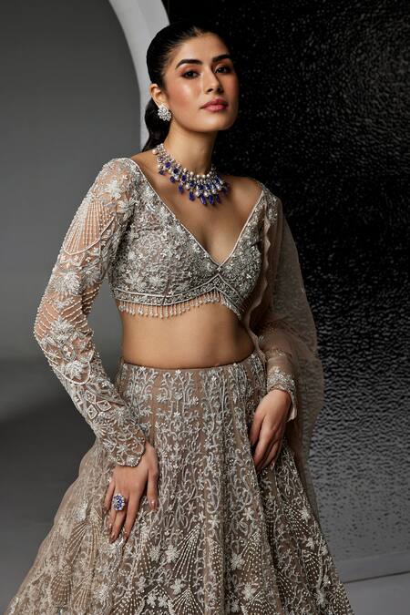 Opus Atelier_Silver Net, Tulle Beads, Fringe, Sequins, Dull Grey And Natalie Lehenga Set _Online_at_Aza_Fashions