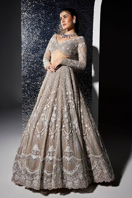 Shop_Opus Atelier_Silver Net, Tulle Beads, Fringe, Sequins, Dull Grey And Natalie Lehenga Set _Online_at_Aza_Fashions