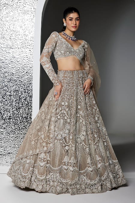Opus Atelier Silver Net, Tulle Beads, Fringe, Sequins, Dull Grey And Natalie Lehenga Set 