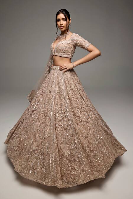 Opus Atelier_Beige Net, Tulle Sequins, Embroidery, Zari Sweetheart Gabriella Lehenga Set _Online_at_Aza_Fashions