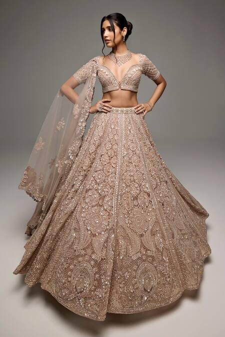 Buy_Opus Atelier_Beige Net, Tulle Sequins, Embroidery, Zari Sweetheart Gabriella Lehenga Set _Online_at_Aza_Fashions