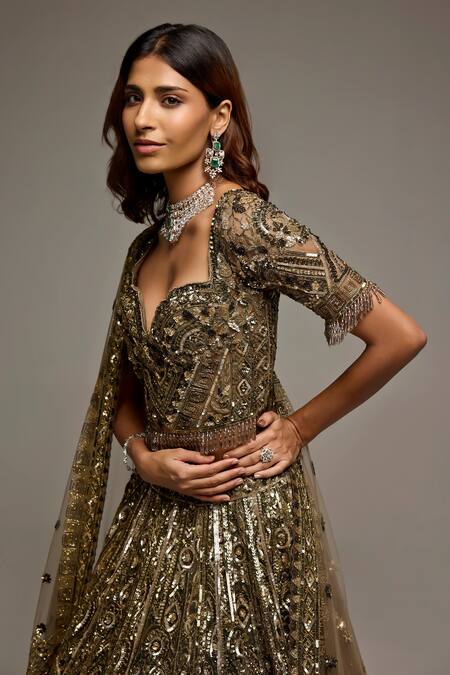 Opus Atelier_Gold Tulle, Net Sequins, Zari, Embroidery, Tassels Olive Penelope Lehenga Set _Online_at_Aza_Fashions