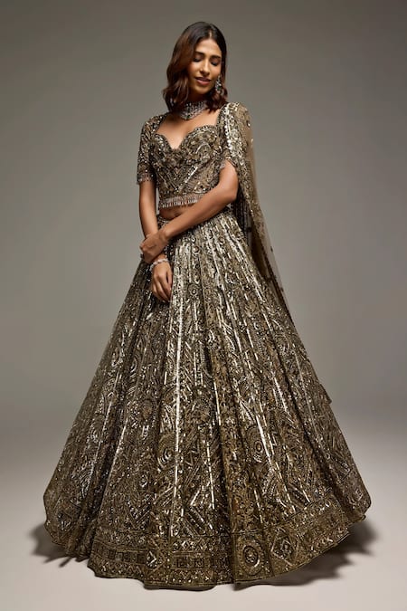 Opus Atelier_Gold Tulle, Net Sequins, Zari, Embroidery, Tassels Olive Penelope Lehenga Set _at_Aza_Fashions