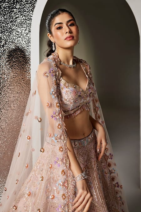 Opus Atelier_Pink Tulle, Net, Satin Embroidery, Sequins, Metallic Blush Layla Lehenga Set _Online_at_Aza_Fashions