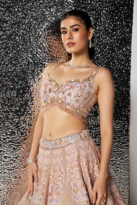 Buy_Opus Atelier_Pink Tulle, Net, Satin Embroidery, Sequins, Metallic Blush Layla Lehenga Set _Online_at_Aza_Fashions