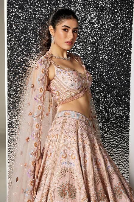 Shop_Opus Atelier_Pink Tulle, Net, Satin Embroidery, Sequins, Metallic Blush Layla Lehenga Set _Online_at_Aza_Fashions