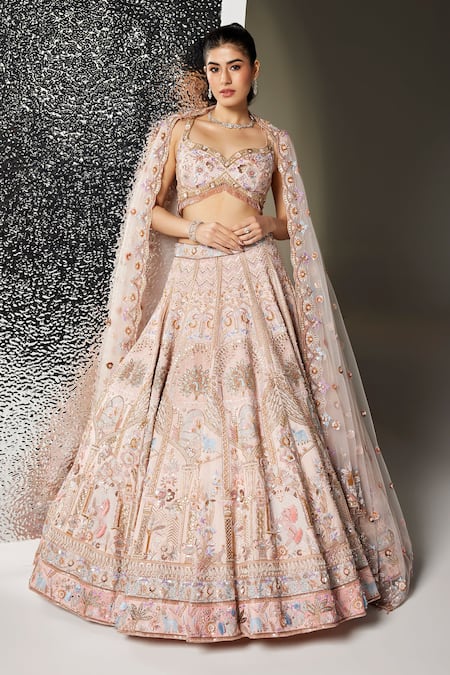 Opus Atelier Pink Tulle, Net, Satin Embroidery, Sequins, Metallic Blush Layla Lehenga Set 