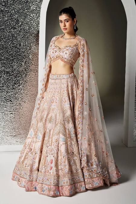 Opus Atelier_Pink Tulle, Net, Satin Embroidery, Sequins, Metallic Blush Layla Lehenga Set _at_Aza_Fashions