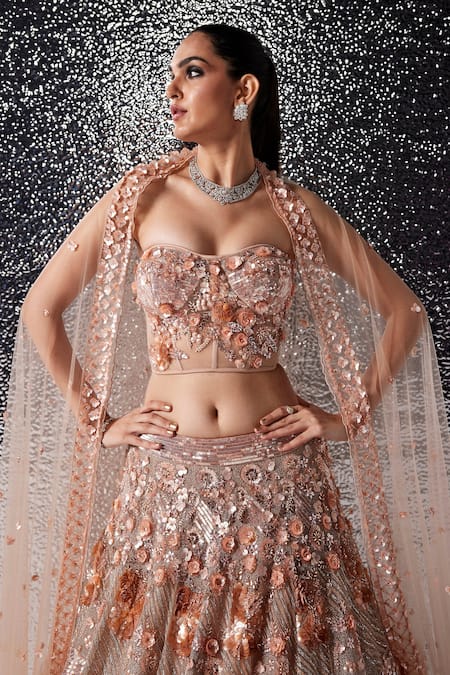 Buy_Opus Atelier_Rose Gold Tulle, Net, Satin Sequins, Fabric Flowers, Pink Amara Lehenga Set _Online_at_Aza_Fashions