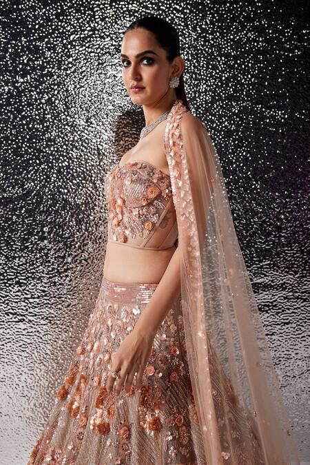 Shop_Opus Atelier_Rose Gold Tulle, Net, Satin Sequins, Fabric Flowers, Pink Amara Lehenga Set _Online_at_Aza_Fashions