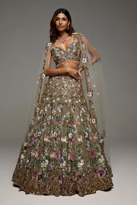 Opus Atelier_Multi Color Tulle, Net Sequins, Embroidery, Beads, Stones Kaelyn Lehenga Set _Online_at_Aza_Fashions
