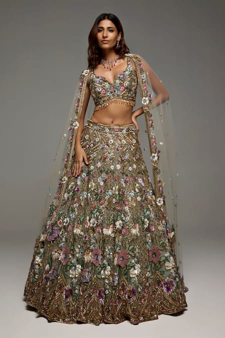 Opus Atelier Multi Color Tulle, Net Sequins, Embroidery, Beads, Stones Kaelyn Lehenga Set