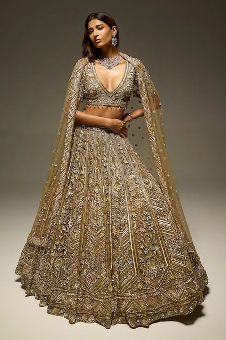 Opus Atelier Gold Net, Satin, Tulle Sequins, Beads, Embroidery, Juniper Bridal Lehenga Set 