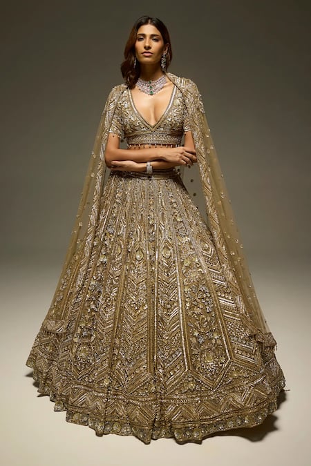 Shop_Opus Atelier_Gold Net, Satin, Tulle Sequins, Beads, Embroidery, Juniper Bridal Lehenga Set _Online_at_Aza_Fashions