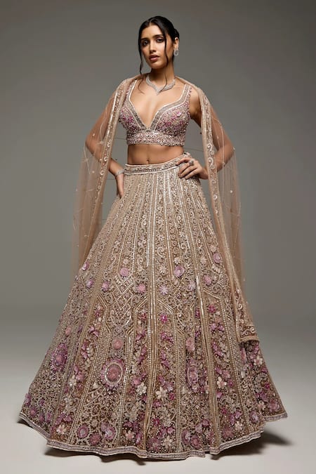 Opus Atelier Gold Tulle, Satin, Net Embroidery, Dusty Mauve And Silver Elora Lehenga Set
