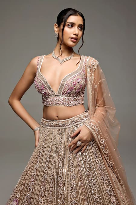Shop_Opus Atelier_Gold Tulle, Satin, Net Embroidery, Dusty Mauve And Silver Elora Lehenga Set _Online_at_Aza_Fashions