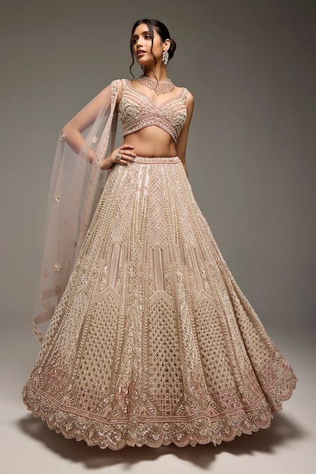 Opus Atelier_Beige Tulle, Net Embroidery, Zari, Sequins, Beads V-neck Kristen Lehenga Set _Online_at_Aza_Fashions