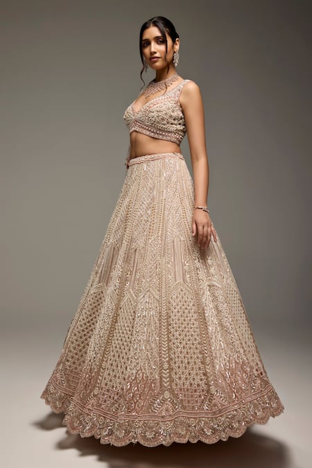 Opus Atelier_Beige Tulle, Net Embroidery, Zari, Sequins, Beads V-neck Kristen Lehenga Set _at_Aza_Fashions