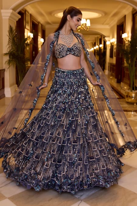 Opus Atelier Navy Tulle, Net Sequins, Embroidery, Applique Midnight Blue Yasmine Lehenga Set 